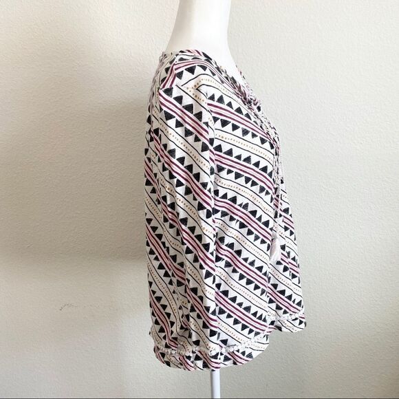 LUCKY Brand Geometic Print Top Women's L Tassel 3/4 Sleeve Boho Pin Tuck - Picture 6 of 7
